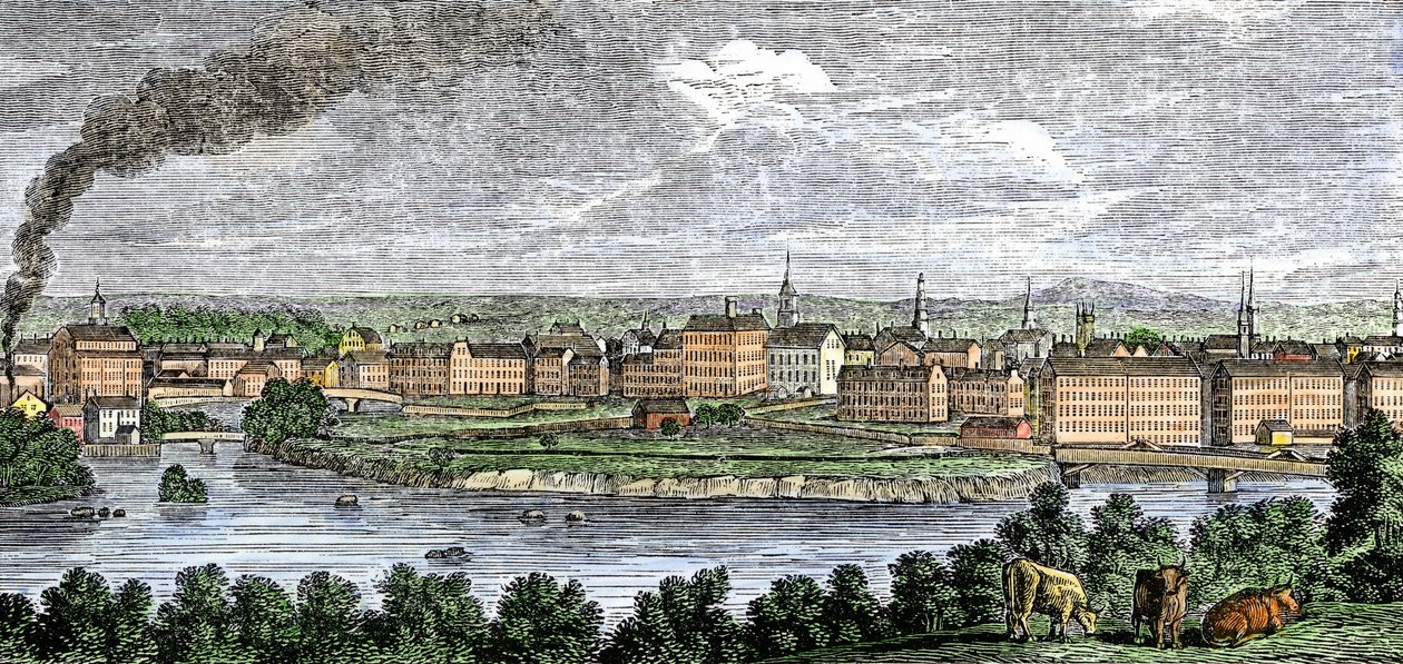 Usines textiles le long des rivières Merrimack et Concord, Lowell, Massachusetts, USA dans les années 1830. Gravure en couleur du XIXe siècle - Unbekannter Künstler