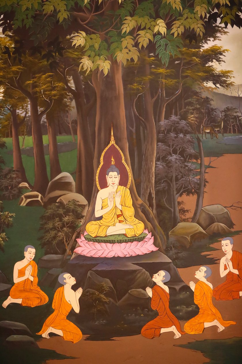 Le Bouddha prêcha son premier sermon aux cinq moines, Fresque murale, Temple Wat Botum, Phnom Penh, 2022 - Unbekannter Künstler
