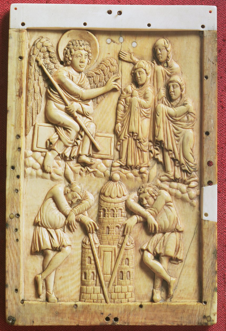 Les Trois Maries au Tombeau, plaque sculptée, École du palais de Charlemagne, français (ivoire) - Unbekannt