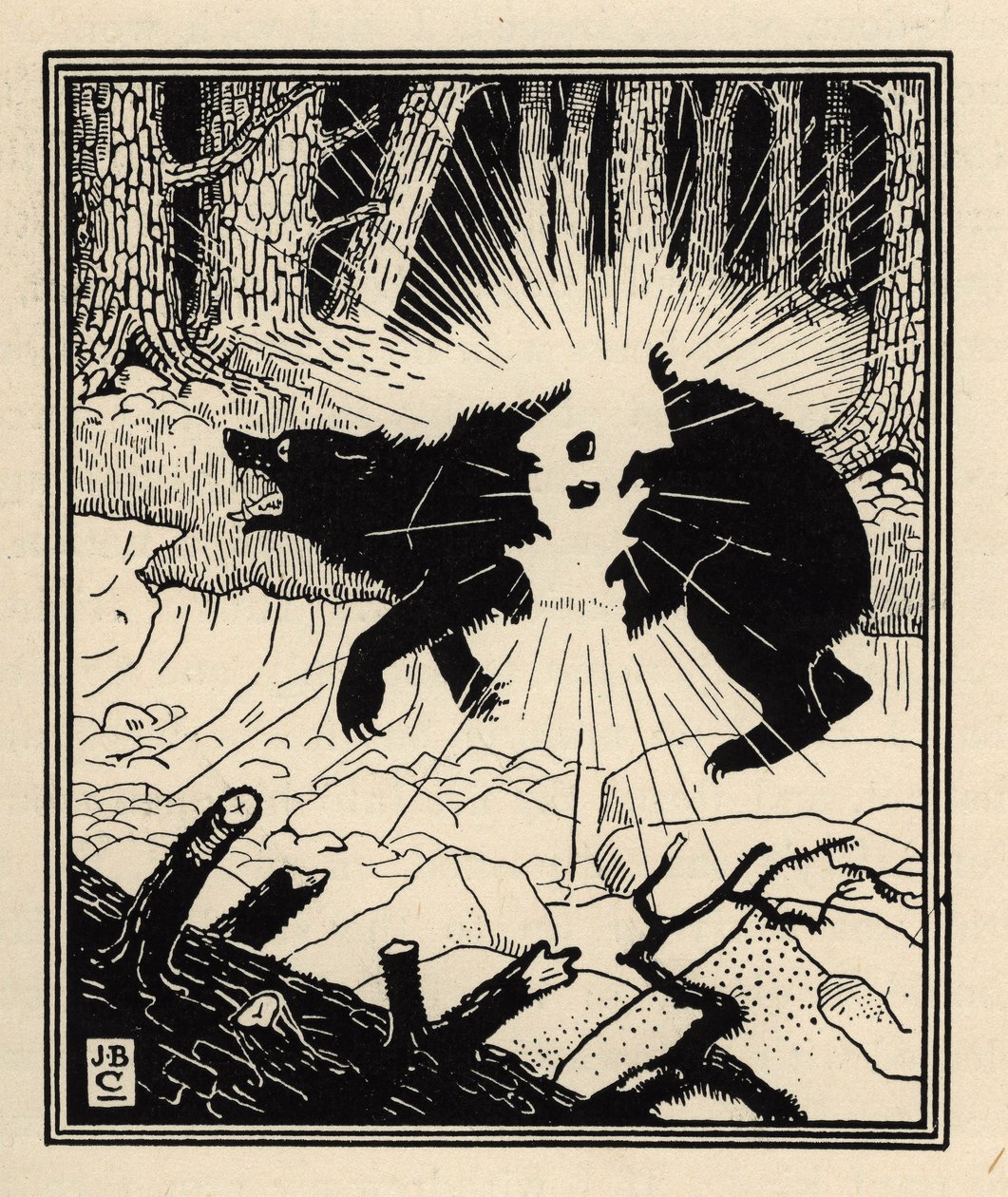 Le baron explose un ours noir avec deux silex. Illustration de William Strang et JB Clark de « Les Aventures du Baron de Münchhausen » par Rudolf Erich Raspe (1789) - Unbekannt