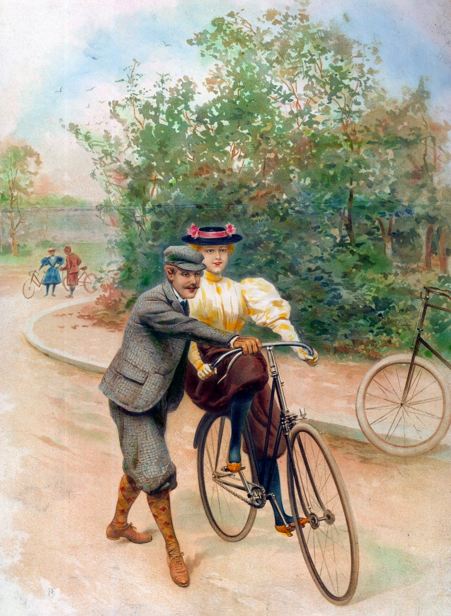 La leçon de bicyclette, début du 20e siècle (impression) - Unbekannter Künstler