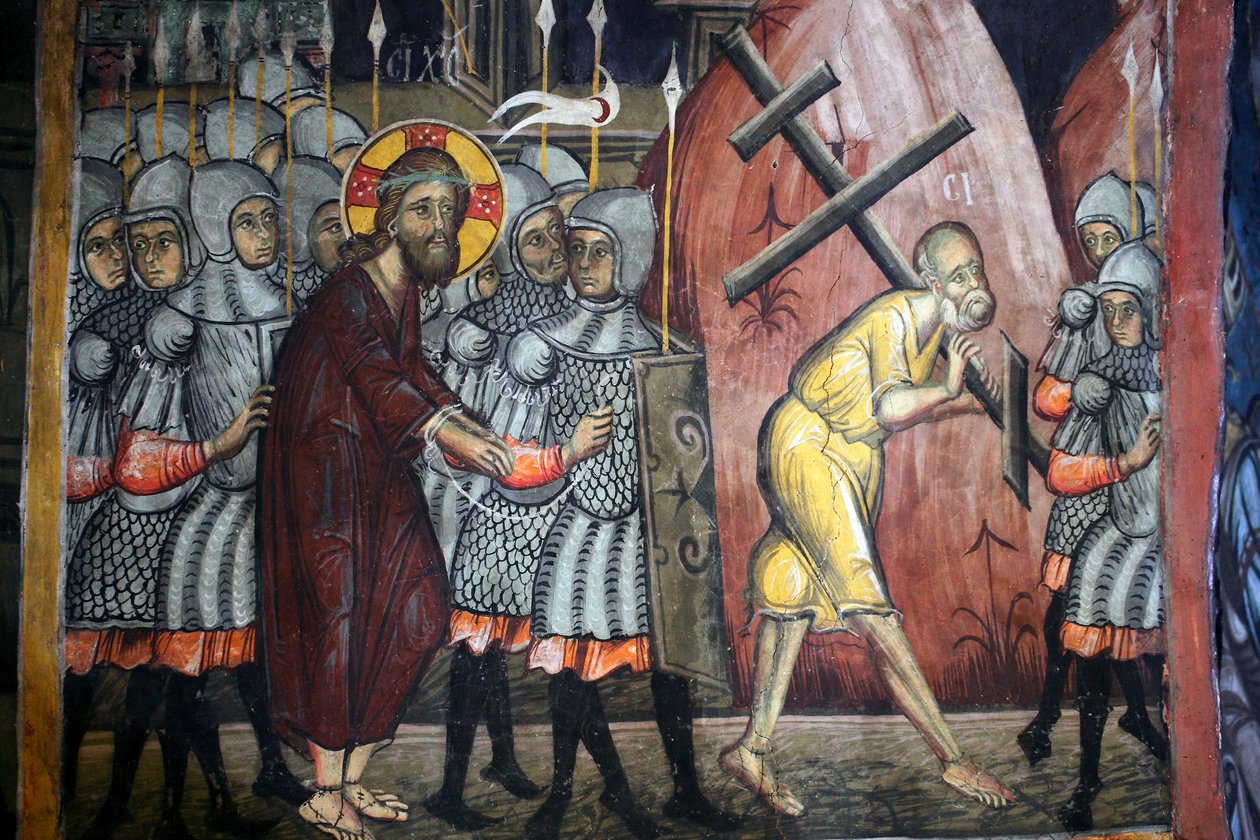 La passion du Christ, Simon porte la croix, fresque byzantine du monastère d
