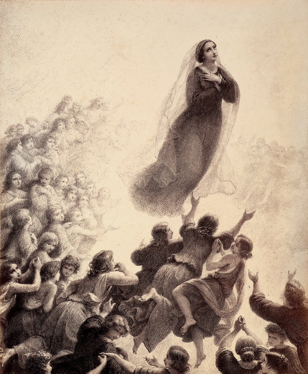 Les esprits des bienheureux, les bras tendus, accompagnent la réascension de Marie vers l