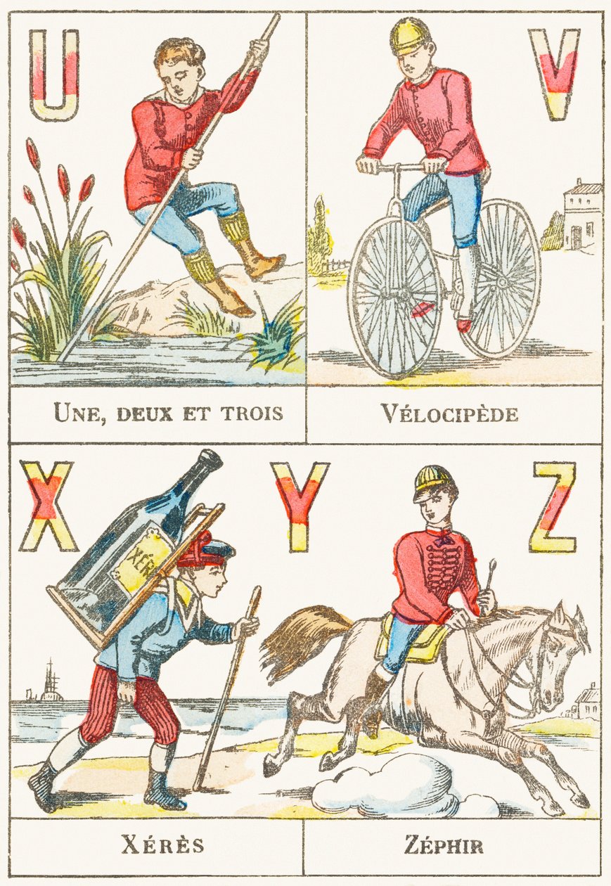 U V X Y Z ; U : Une, deux et trois ; V : Vélocipède ; X : Xérès ; Z : Zéphir - Alphabet des jeux, c.1890 - Unbekannt