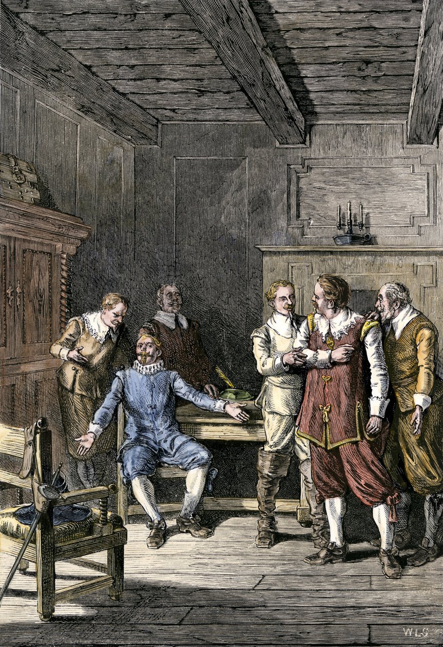États-Unis, Massachusetts : Dispute entre John Winthrop (1588-1649) et Thomas Dudley (1576-1653) dans la colonie de la baie du Massachusetts. Gravure en couleur du XIXe siècle. - Unbekannter Künstler