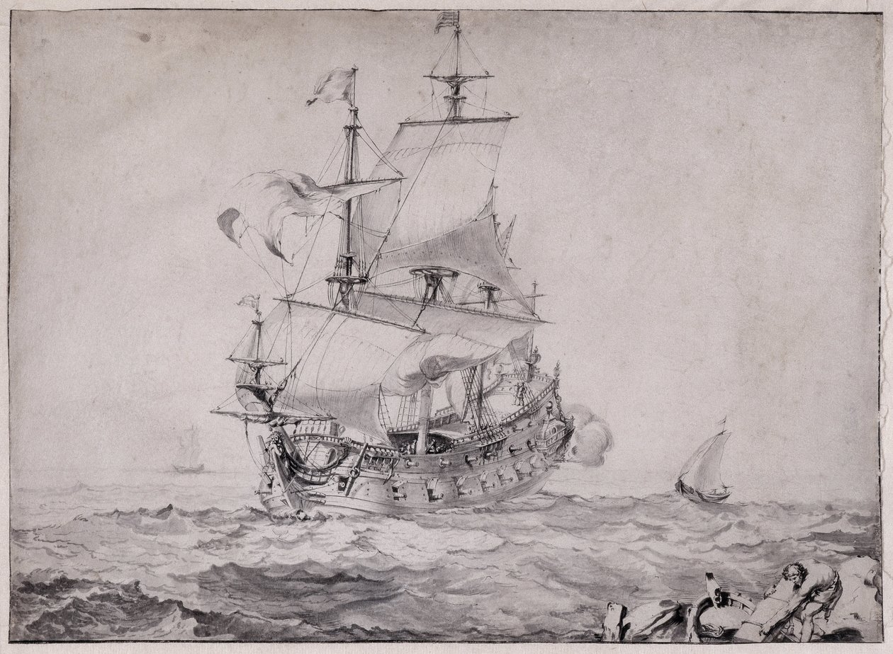 Navires en mer tirant le canon - dessin de Pierre Puget (1620-1694) 17ème siècle - Unbekannter Künstler