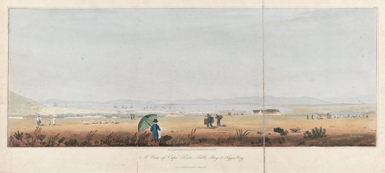 Vue de Cape Town, Table Bay et les collines de Tygerberg (Afrique du Sud). Lithographie (26,5x53,5 cm) de J.W. Burchell - Unbekannter Künstler