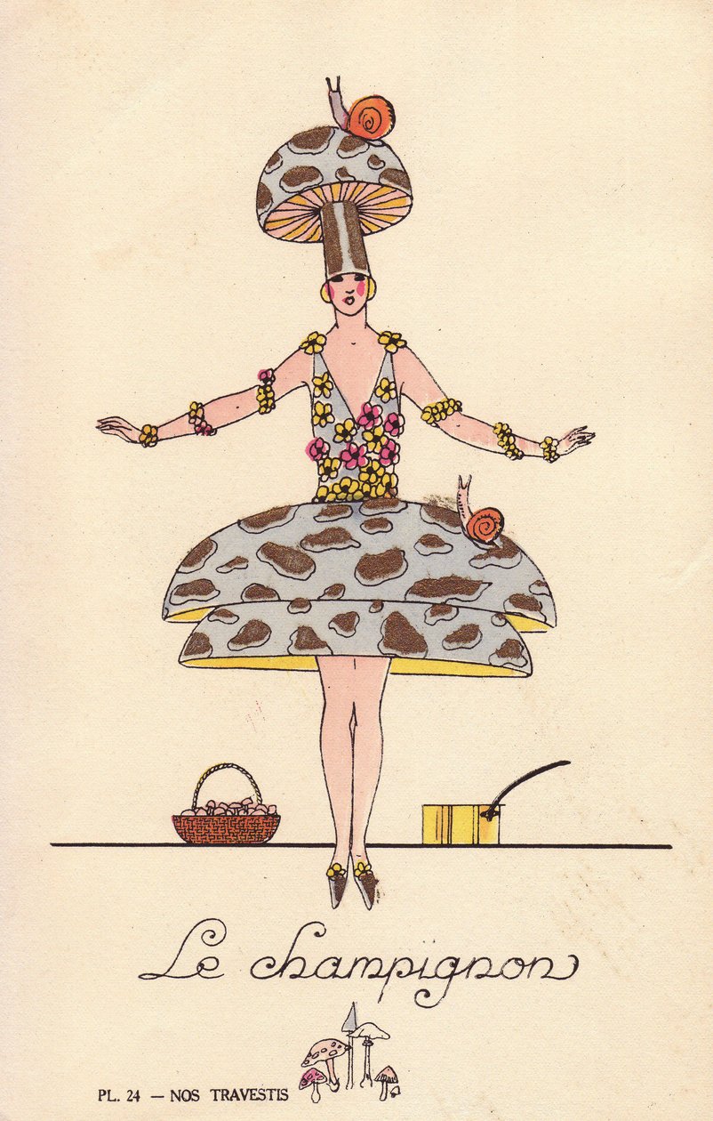 Femme en costume de fantaisie champignon, le champignon, chapeau et robe en forme de champignon, décorés d