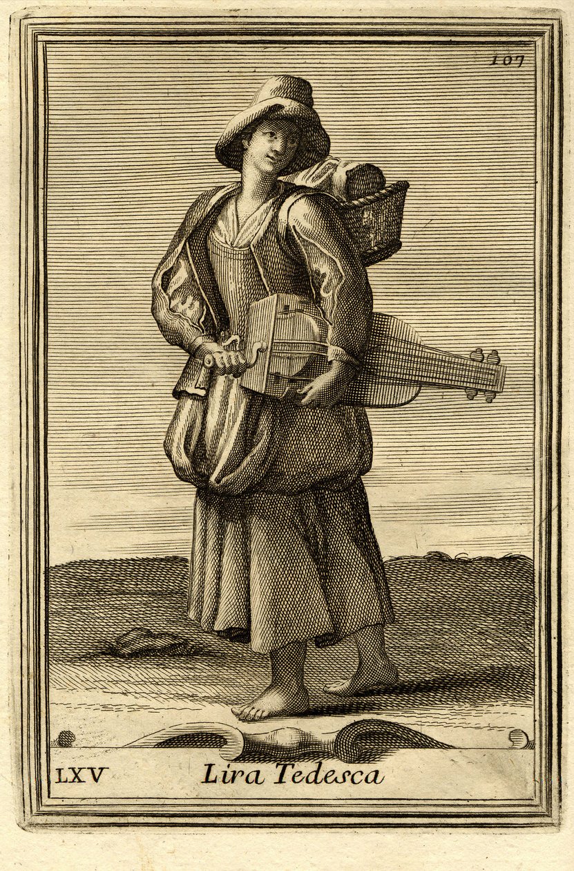 Femme jouant de la vieille (ou "Lira tedesca" ou "ghironda"). Dans "Gabinetto Armonico" par Filippo Bonanni, Rome - Unbekannter Künstler