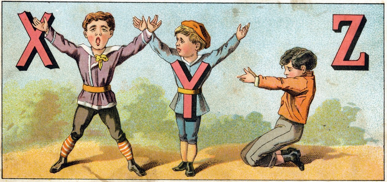 Lettres X Y et Z imitées par la position du corps. Gravure dans "Alphabet des petits écoliers". Imagerie d