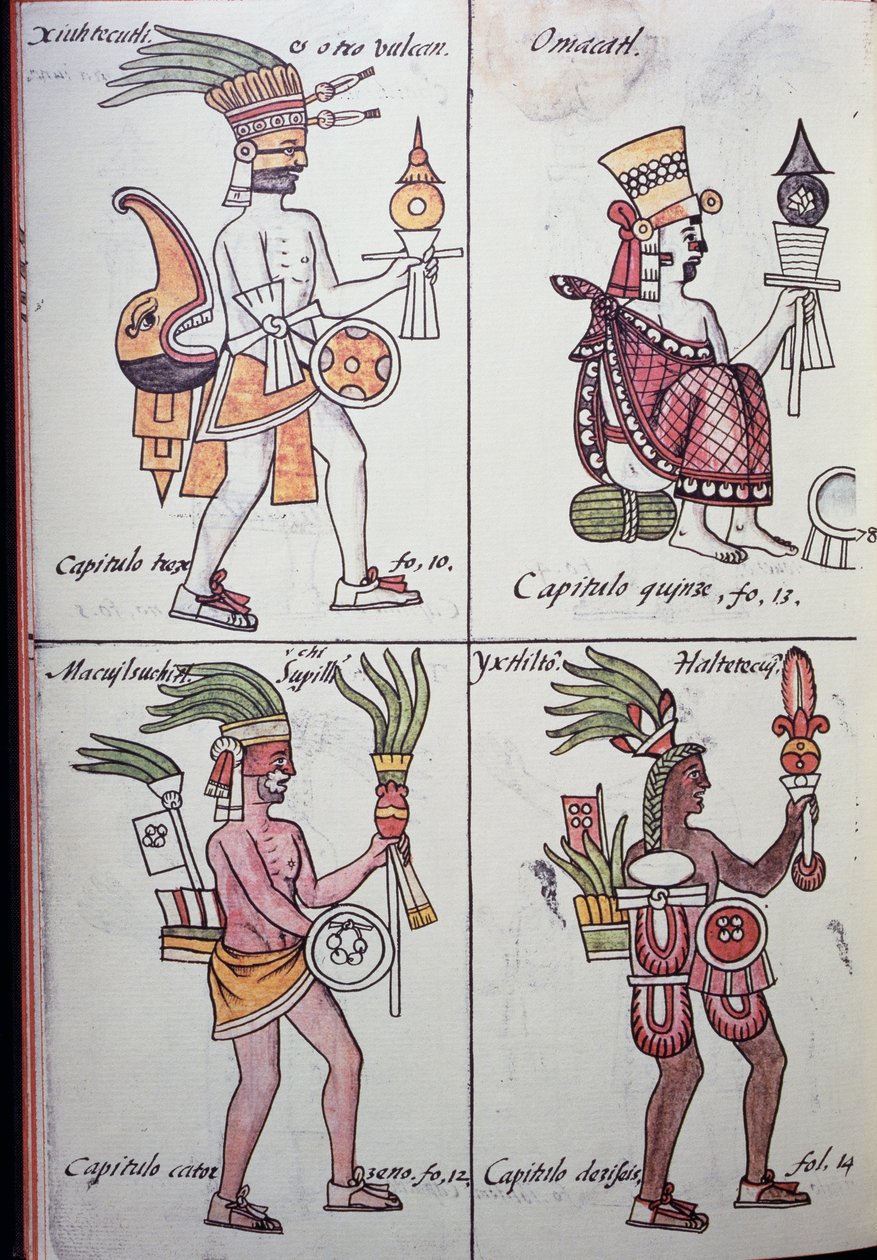 Xiuhtecuhtli, Omacatl, Macuilxochitl, Ixtlilton, Page du Codex Florentin, Version en espagnol et nahuatl, Histoire générale des choses de la Nouvelle-Espagne (Historia general de las cosas de Nueva España), Aztèque - Benjamin Baud