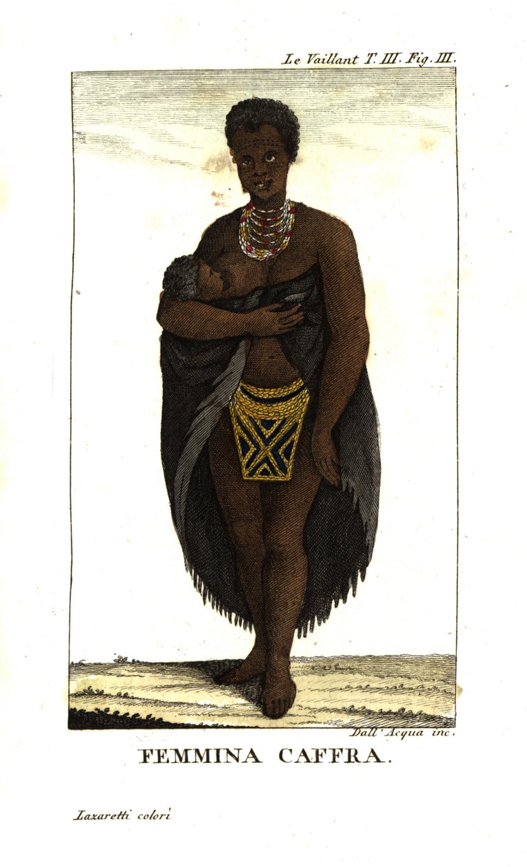 Jeune femme San allaitant un enfant, Afrique du Sud. Elle porte une cape, des colliers et une jupe perlée. De François Le Vaillant - Unbekannter Künstler