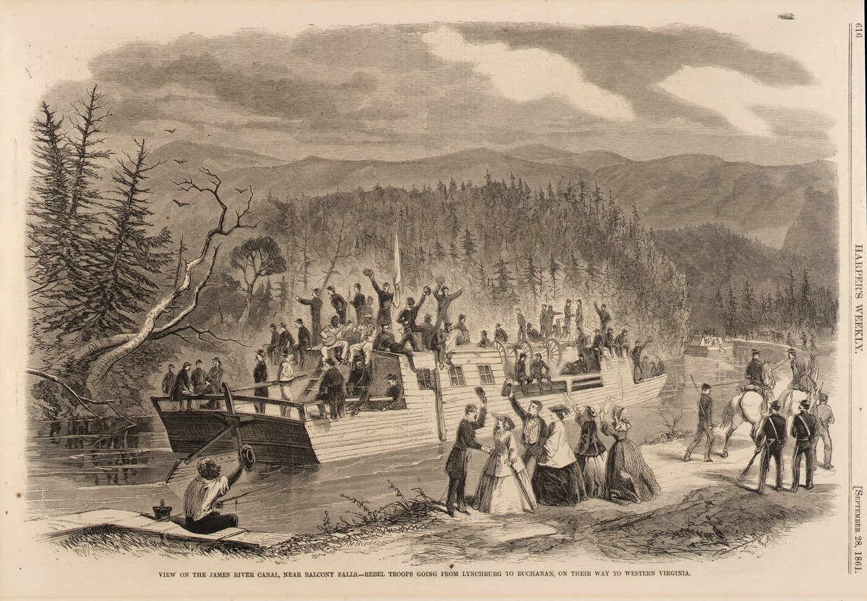 Vue sur le canal de la rivière James, près des chutes du Balcon. -Troupes rebelles allant de Lynchburg à Buchanan, en route vers la Virginie occidentale, extrait de Harper