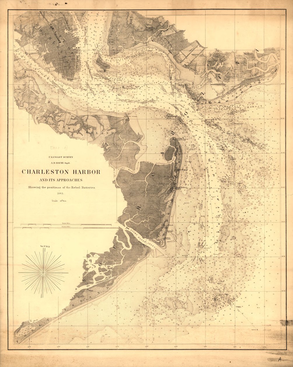 Le port de Charleston et ses abords montrant les positions des batteries rebelles. LOC 99448822 - United States Coast Survey