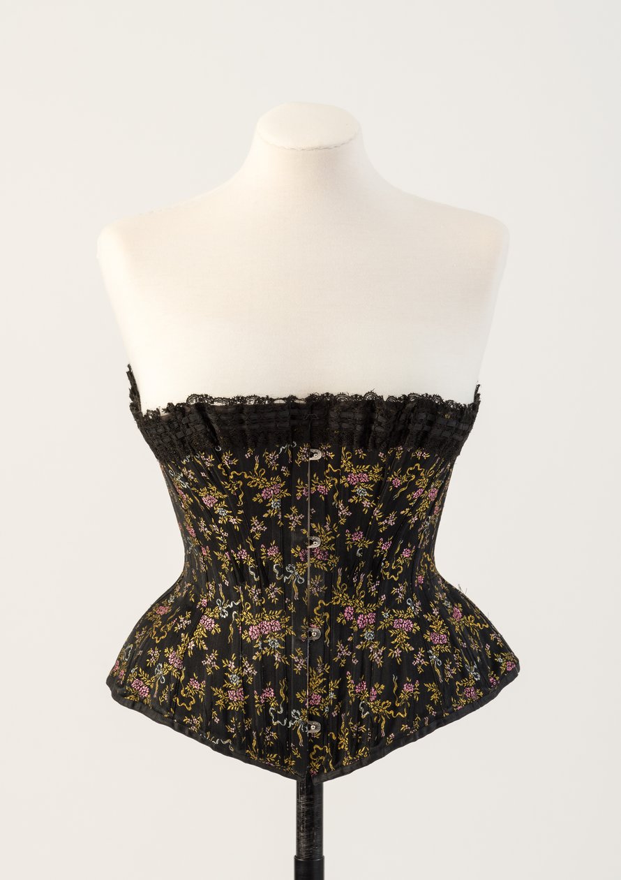 Corset en soie noire avec petites fleurs bleues et roses, 1890s - Unbekannt Unbekannt