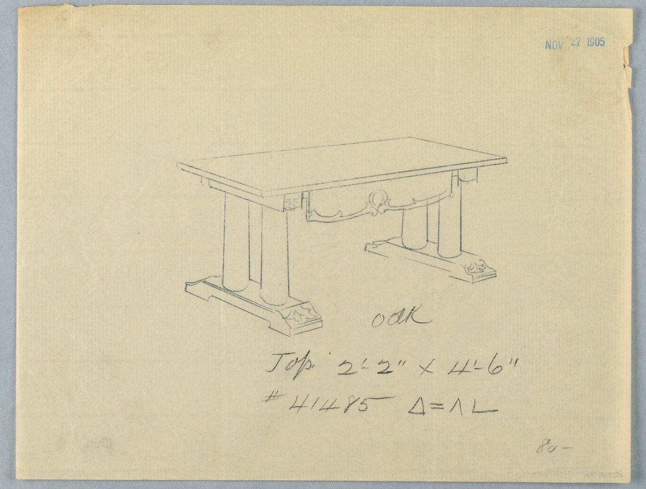 Dessin, Design pour une grande table avec supports en colonne et base de fronton, 1900-05 - Unknown