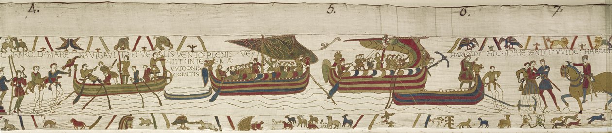 Harold traverse la Manche dans le territoire de Guy, comte de Ponthieu, où il est capturé, Tapisserie de Bayeux - Unknown