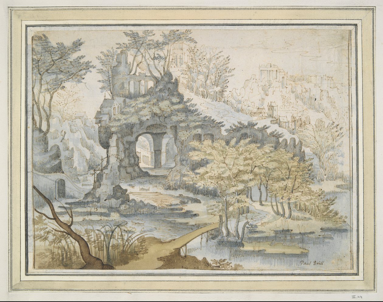 Paysage avec bâtiments sur une arche dans les rochers - Unknown