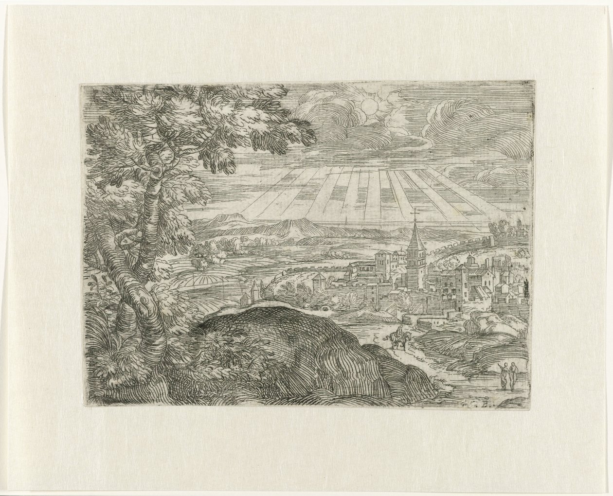 Paysage avec vue sur la ville et soleil rayonnant - Unknown