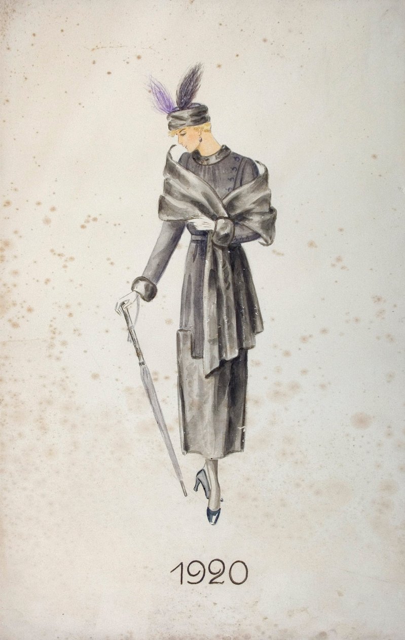 Modèle portant un manteau et un chapeau à plumes, tenant un parapluie - Unknown