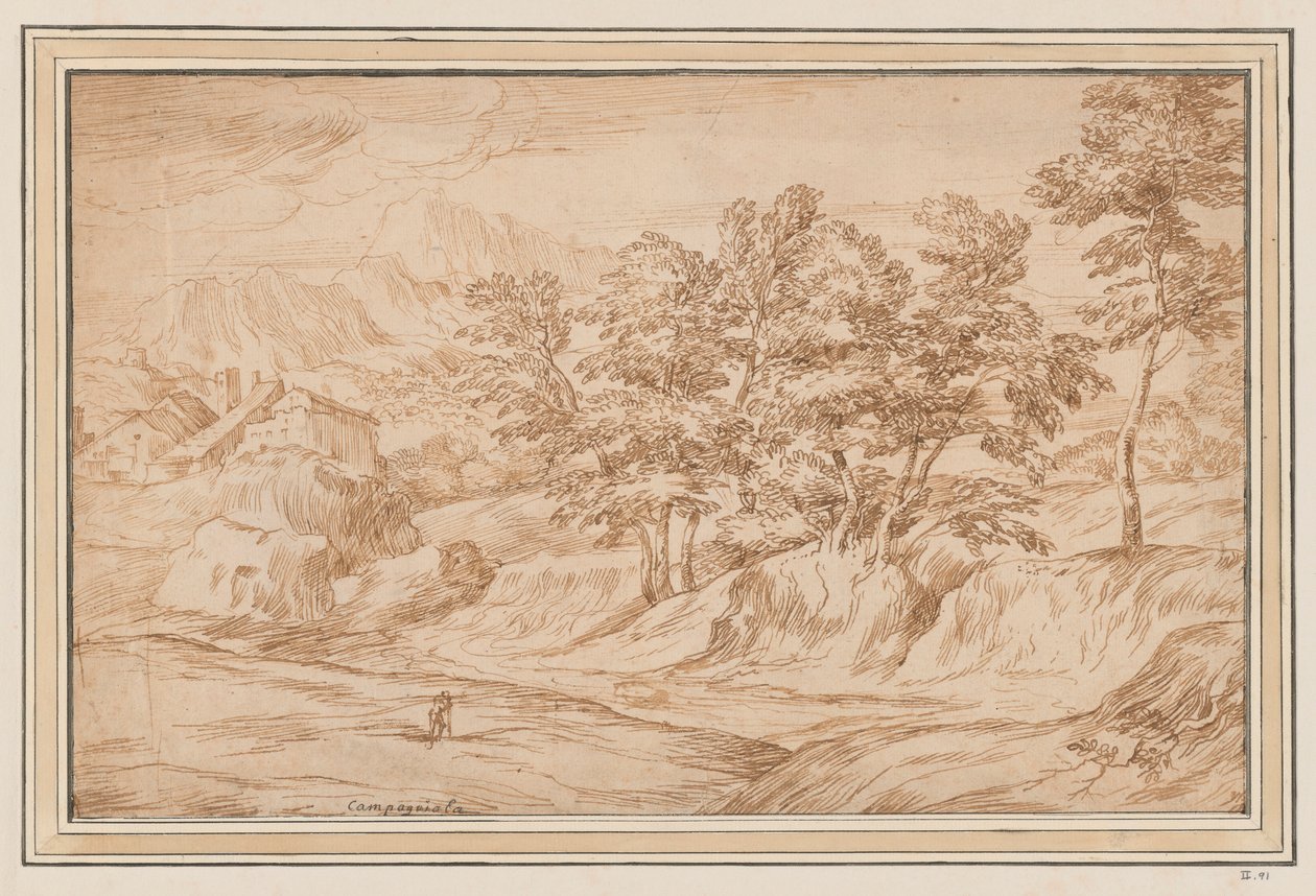 Paysage montagneux avec maisons à gauche et arbres à droite - Unknown