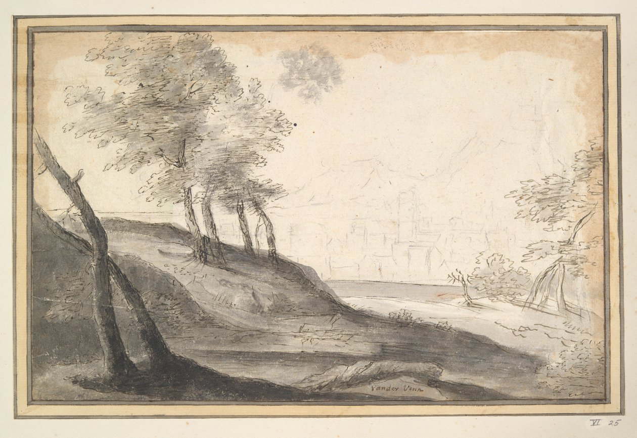 Paysage montagneux avec arbres et ville au loin - Unknown