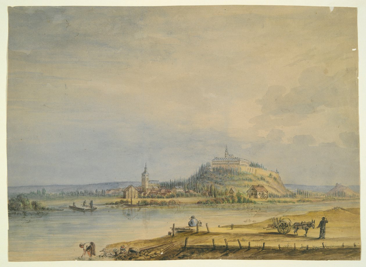 Scène de rivière avec ville, château sur colline et paysans travaillant - Unknown