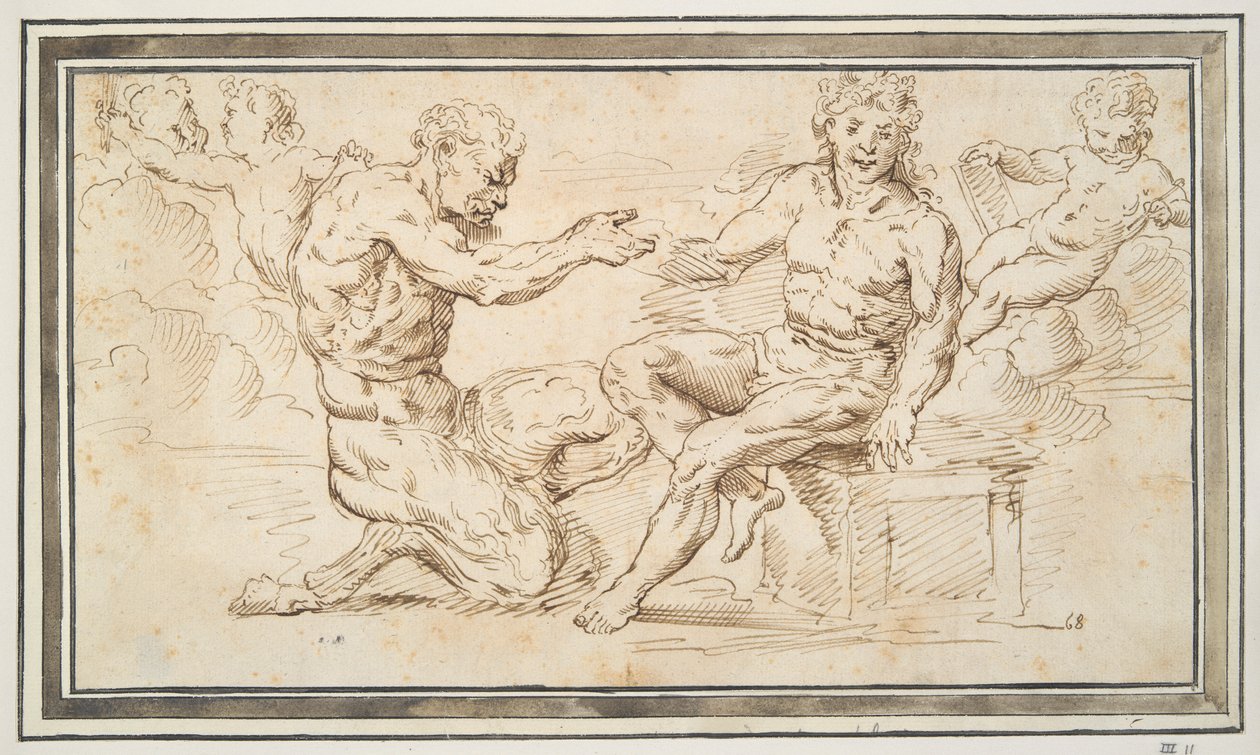 Satyre et jeune homme assis avec putti - Unknown