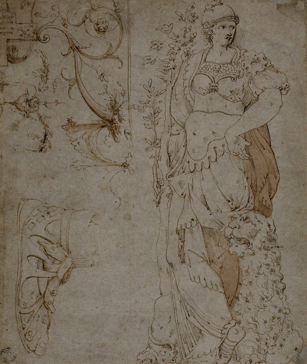 Trois croquis : Force, une sandale et grotesques (recto); Croquis de grotesques et cuirasse romaine (verso) - Unknown