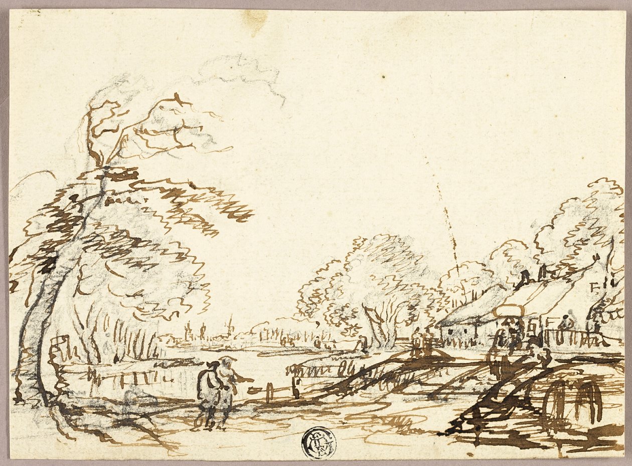 Deux personnages le long de la rivière près de ponts et de maisons (recto) ; deux personnages sur un pont regardant un homme dans un bassin (verso) - Unknown