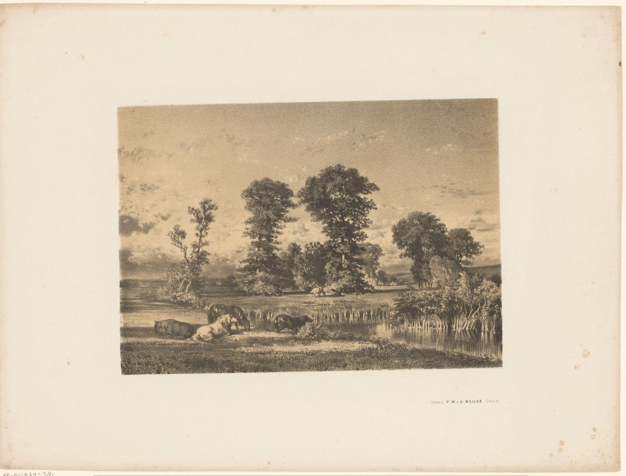 Paysage de prairie avec des chevaux paissant - Unknown