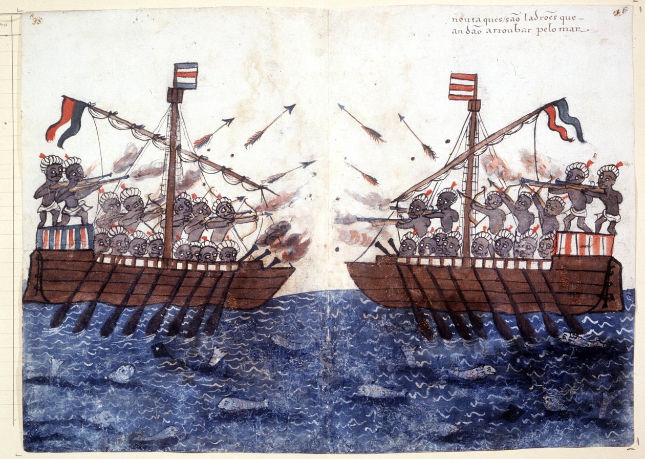 Gravure du XVIe siècle représentant la rencontre avec un navire pirate dans l