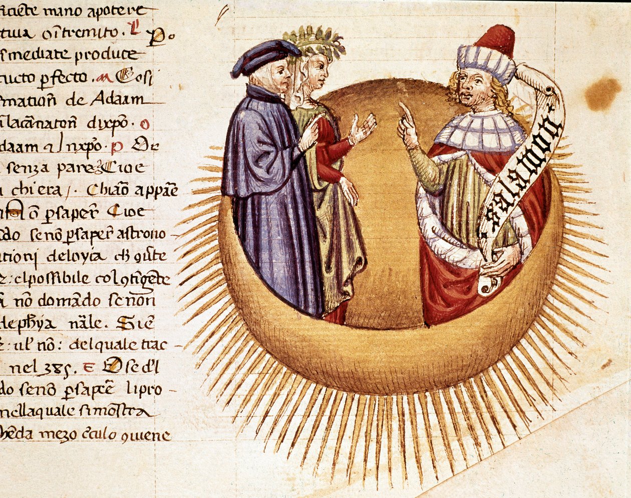 4ème Ciel : Dante et Béatrice rencontrent le roi Salomon. Page enluminée illustrant un chant du Paradis tiré de la "Divine Comédie" de Dante Alighieri (1265-1321). 14ème siècle, Venise, Biblioteca Marciana - Unknown artist