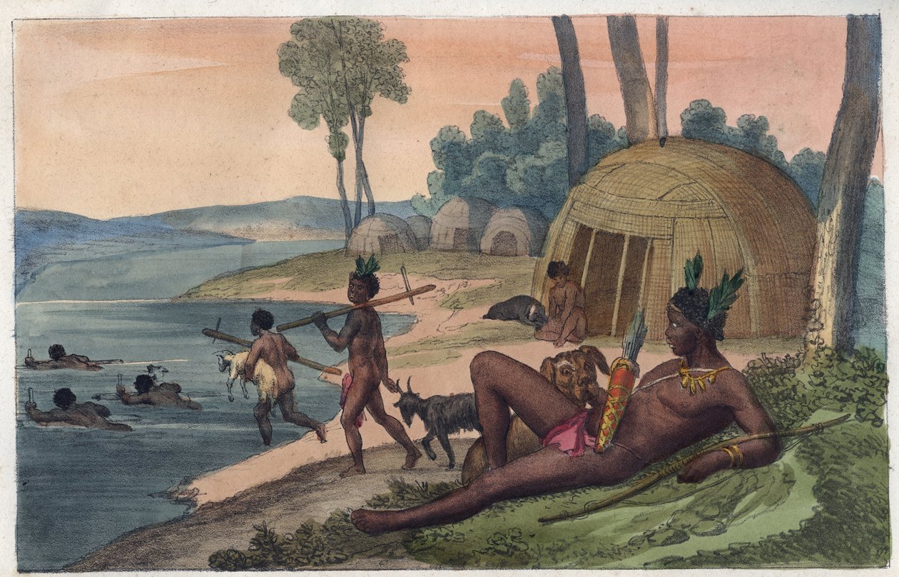 Un village hottentot de Korah sur la rive gauche de la rivière Orange - gravure de "Usi e Costumi di Tutti i Popoli dell