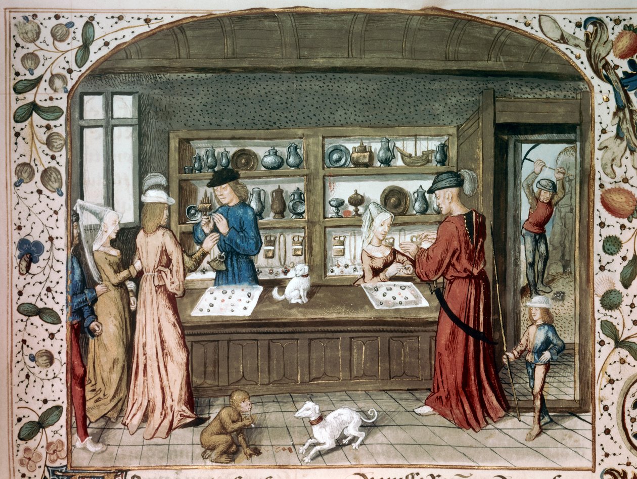 Une boutique de bijoux miniature de "Le lapidaire de Jean (Jehan) de Mandeville (1300-1372)" 15ème siècle Paris, B.N. - Unknown artist