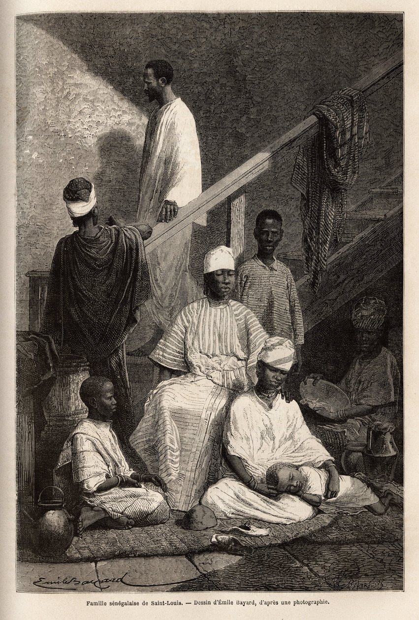 Une famille sénégalaise de Saint-Louis. Gravure pour illustrer une croisière sur la côte africaine, par le vice-amiral Fleuriot de Langle, en 1868 - Unknown artist