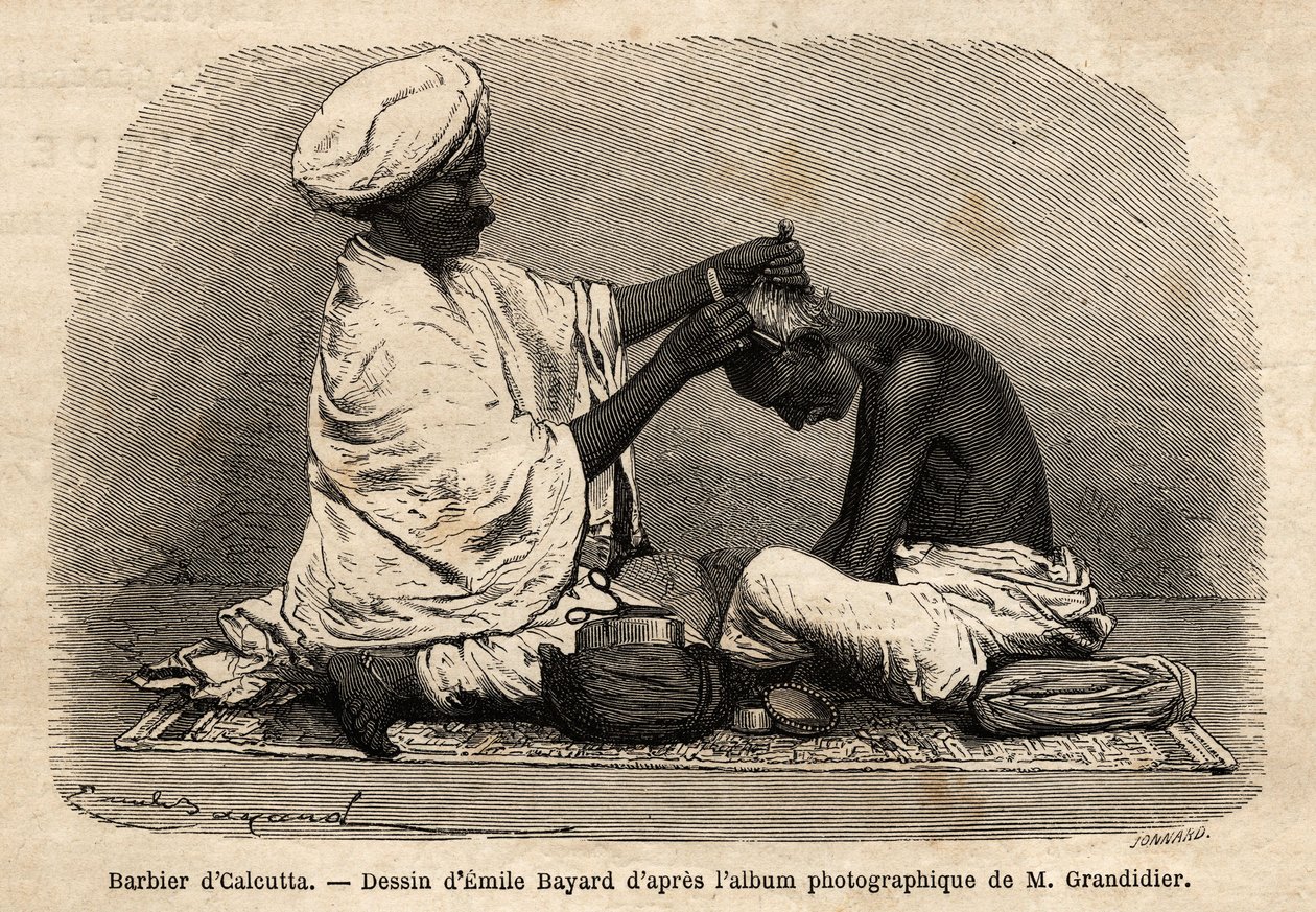 Un barbier travaillant dans les rues de Calcutta. Gravure pour illustrer le voyage dans les provinces méridionales de l