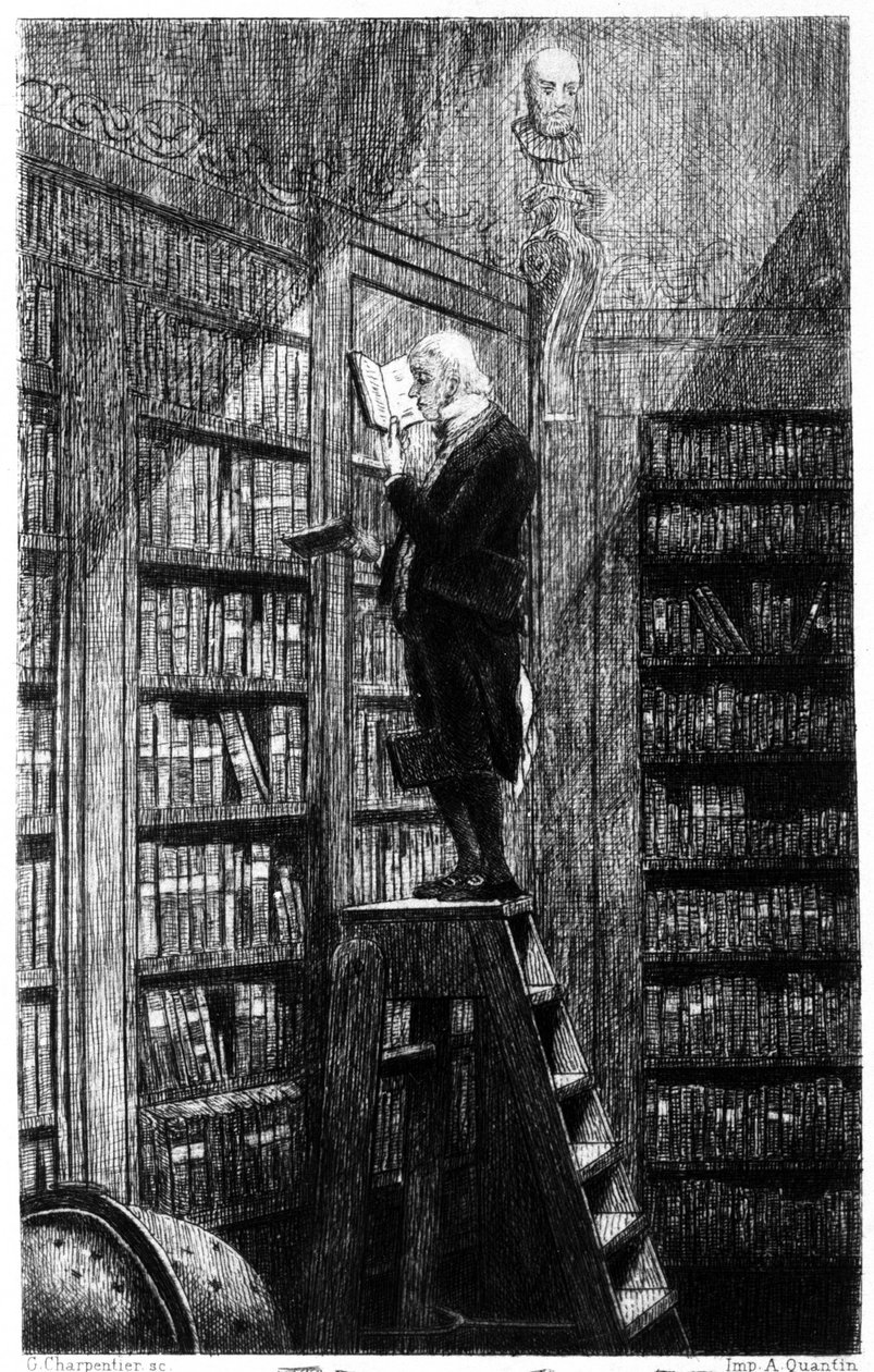 Un bibliothécaire sur son échelle examinant des livres sur des étagères. Gravure du 19ème siècle - Unknown artist