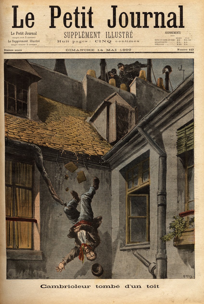 Un cambrioleur tombe des toits de la rue Notre-Dame à Nazareth, dans sa précipitation à fuir devant les policiers. Gravure dans Le petit journal 14/5/1899. Collection Selva. - Unknown artist
