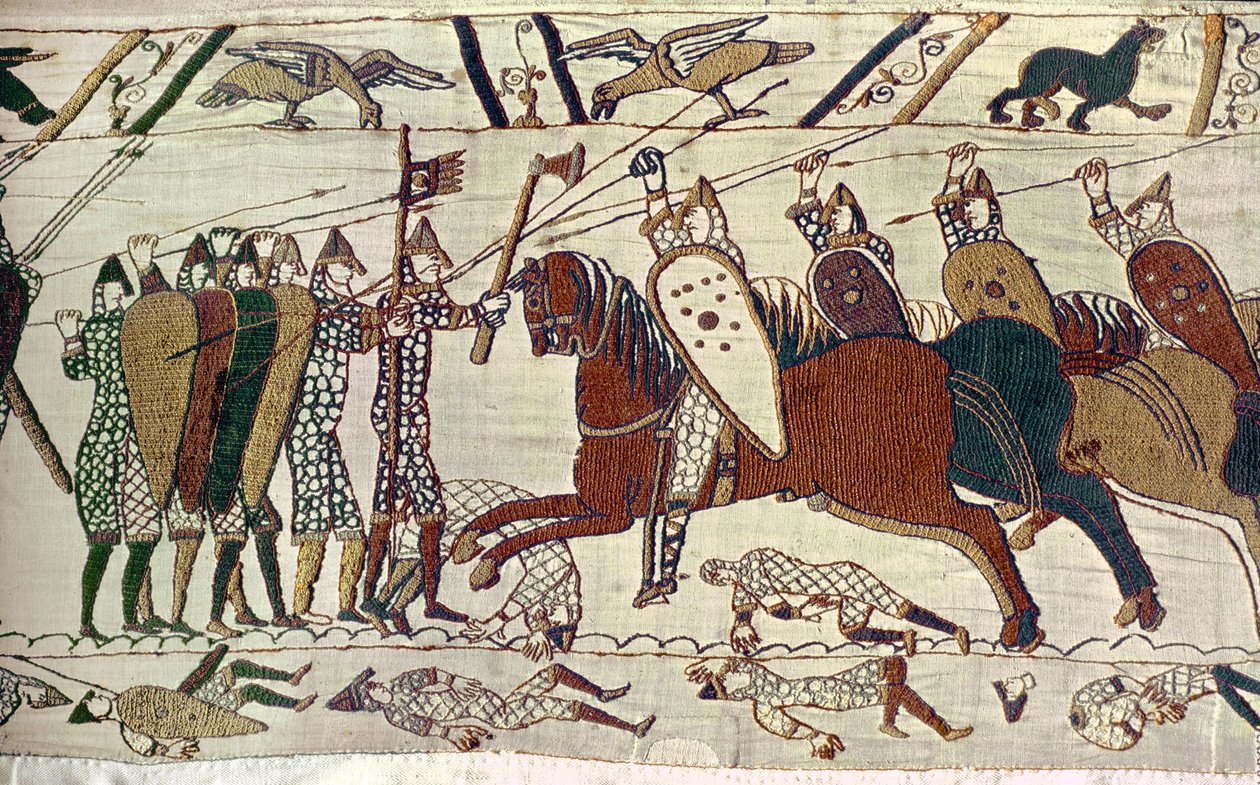 Une attaque de cavalerie. Tapisserie de Bayeux, broderie (tapisserie) - Unknown Artist