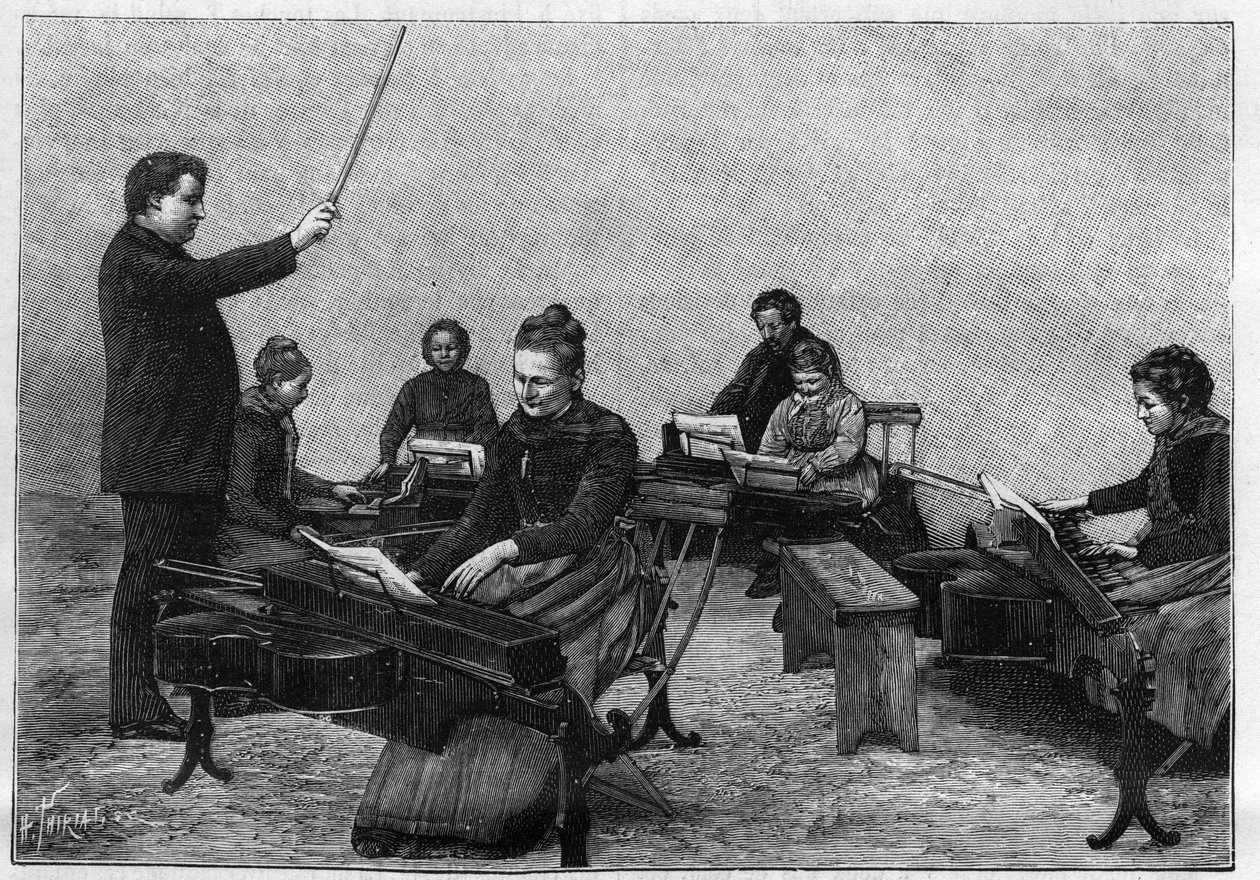 Un concert de monocordes exécuté par de jeunes filles. Gravure dans "La Nature. Revue des sciences et de ses applications aux arts et à l
