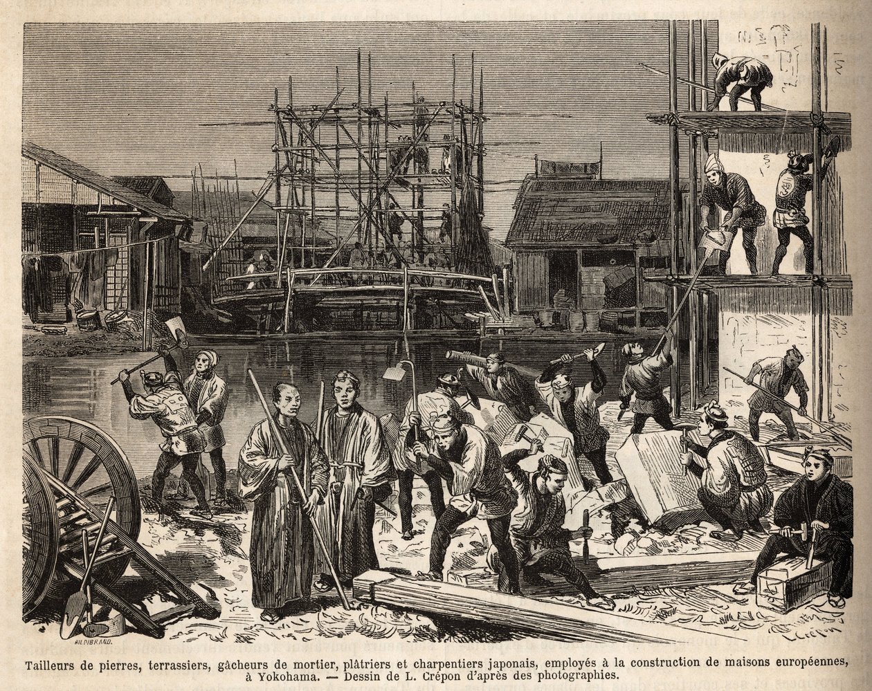 Un chantier de construction pour une maison européenne à Edo (Tokyo) avec tailleurs de pierre, terrassiers, gâcheurs de mortier, plâtriers et charpentiers employés. Gravure pour illustrer le voyage au Japon, par Aimé Humbert, ministre de la Confédération s - Unknown artist