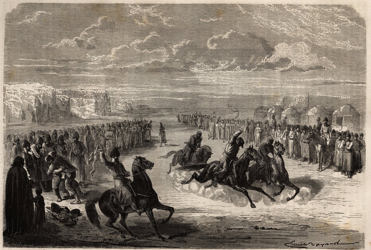 Un concours de lutte à mains nues et une course de chevaux parmi les Turcomans, organisée lors des grandes fêtes publiques, la distance de la course est d