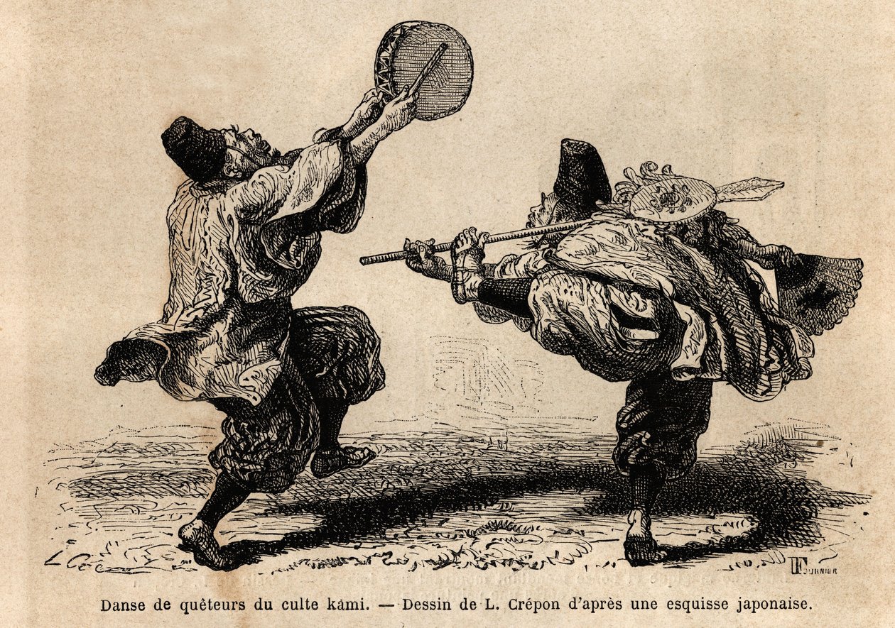 Une danse de la confrérie du culte Kami, avec récitation de litanies et figures chorégraphiques inattendues. Gravure pour illustrer le voyage au Japon, par Aimé Humbert, ministre de la Confédération suisse, en 1863-1864, publié dans « le tour du monde » - Unknown artist