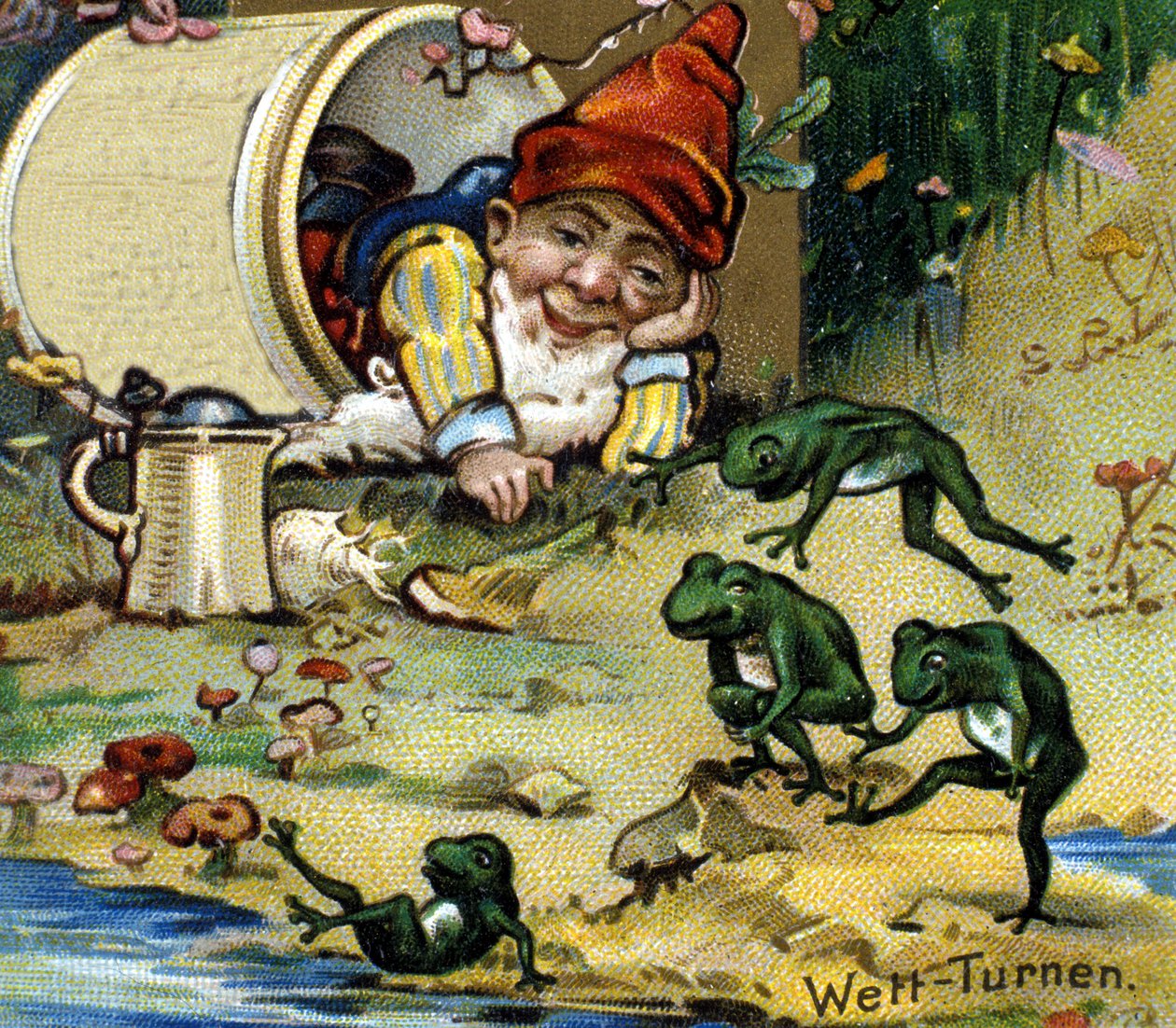 Un nain ou farfadet jouant avec des grenouilles. Chromolithographie du XIXe siècle. - Unknown artist