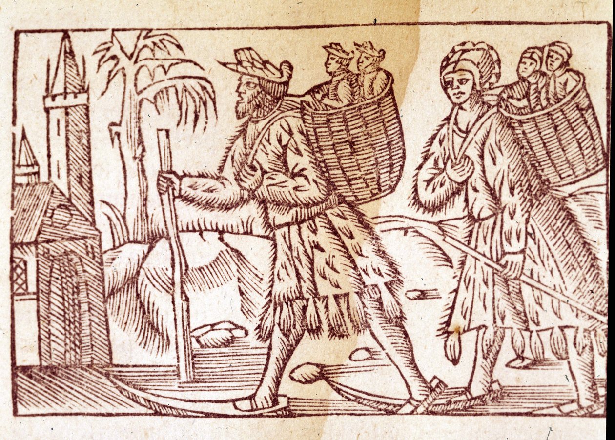 Une famille de Norvégiens voyageant à ski. Gravure d