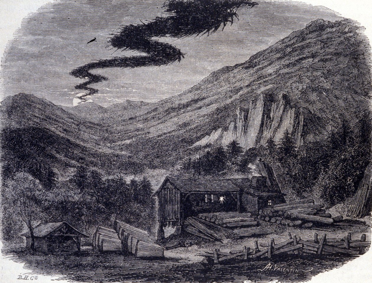 Une chasse fantastique (aérienne ou sauvage) ou Ménée (la Ménée Hellequin) ou Mesnie dans les Vosges, une tempête nocturne qui selon les légendes populaires se manifeste après une malédiction ou un sabbat de sorcières. Gravure du XIXe siècle - Unknown artist