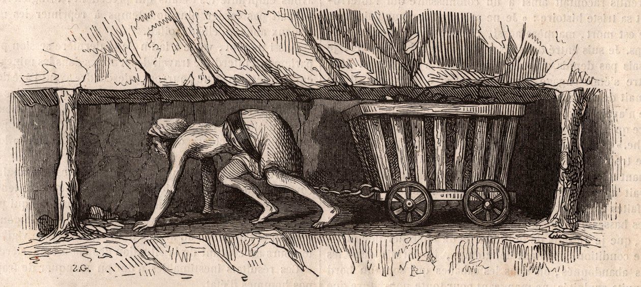 Une fille enchaînée à un chariot plein de charbon et le traînant dans une mine de charbon anglaise - Unknown