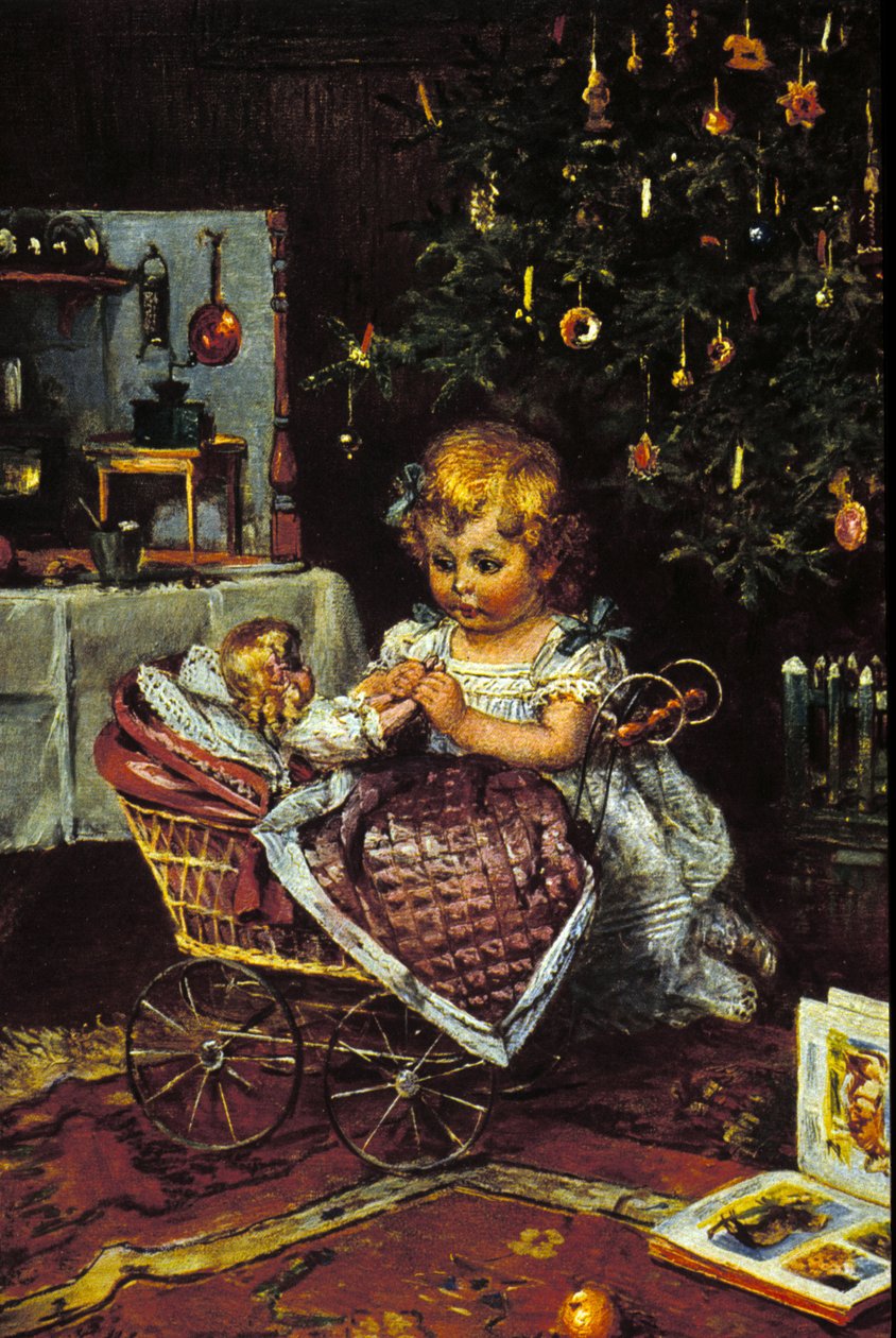 Une petite fille découvre la poupée et le landau sous le sapin de Noël. 19ème siècle - Unknown artist