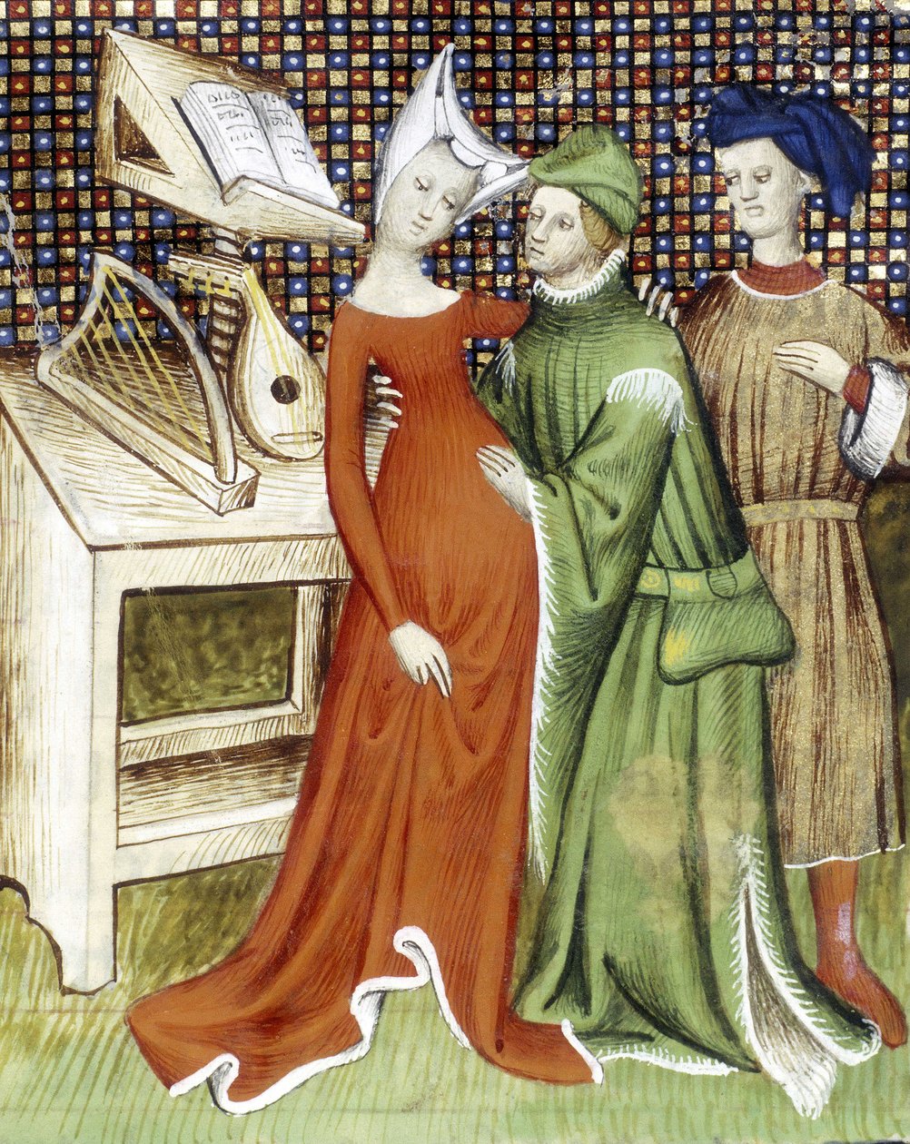 Un homme tient une femme (enceinte ?) dans ses bras et pose sa main sur son ventre arrondi. Un autre personnage observe la scène. Derrière eux, une partition est placée sur un bureau avec un luth et une harpe. Miniature du XVe siècle. - Unknown artist